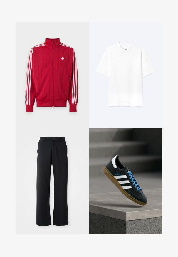 Rote Zip-Jacke mit weißen Adidas drei Streifen an den Ärmeln und kleinem weißem Trefoil-Logo auf der linken Brust.; Schlichtes weißes T-Shirt mit kurzen Ärmeln und Rundhalsausschnitt in entspannter Passform, auf hellem Hintergrund dargestellt.; Schwarze gerade geschnittene Hose mit Knopf- und Reißverschluss, Gürtelschlaufen und seitlichen Taschen, vor einem weißen Hintergrund präsentiert.; Schwarzer Adidas-Sneaker mit weißen Streifen, blauen Schnürsenkeln und Gummisohle, der über einer grauen Betontreppe im weichen Licht schwebt.