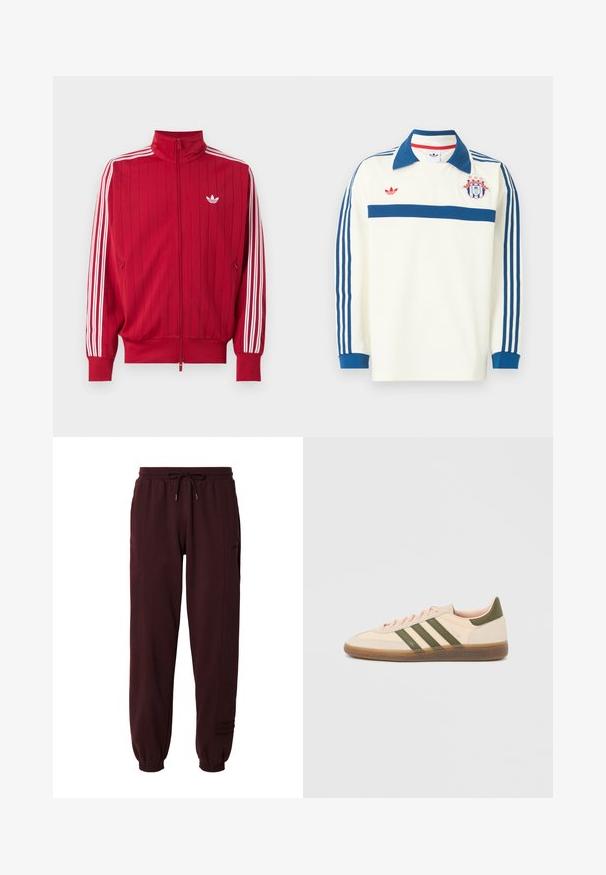 Punane lukuga trackijope, millel on valged Adidas kolmiktriibud varruka külgedel ja väike valge kolmeleheline logo vasakul rinnal.; Valge pikkade varrukatega spordi särk, sinise kraega, siniste triipudega varrukatel, sinise triibuga rinnal, punase logoga ja rinnal kilbiembleem, millel on tähed.; Bordeaux värvi pehmed treeningpüksid, millel on elastne vöökoht ja pael, punutud pahkluud ning diskreetne külgpaneeli detail. ; Madalprofiilne beež Adidas Spezial toss rohelist värvi triipude, kummist tallaga ja "SPEZIAL" brändinguga küljel, nähtav välisküljelt.