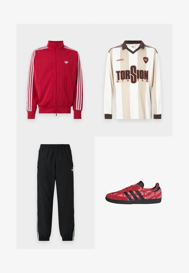 Veste de survêtement rouge zippée avec les trois bandes blanches Adidas sur les manches et petit logo trèfle blanc sur la poitrine gauche.; Maillot de football à manches longues rayé beige et blanc ; doté d'un col et de poignets marron, d'un grand logo rouge "TORSION SYSTEM" et de la marque adidas.; Pantalon de sport noir avec une ceinture élastique et des poignets froncés. Comprend des bandes blanches sur les côtés et un petit logo sur le devant à gauche.; Baskets rouges Adidas avec des bandes noires et une semelle noire, avec des logos Coca-Cola blancs partout sur la tige en tissu.