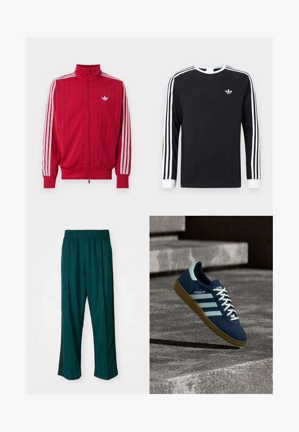 Punane lukuga trackijope, millel on valged Adidas kolmiktriibud varruka külgedel ja väike valge kolmeleheline logo vasakul rinnal.; Must pika varrukaga T-särk, millel on valged kolme triibu mustrilised varrukad. Omab ümara kaelusega lõiget ja väikest valget logot rinnal.; Tumed rohelised spordipüksid elastse vöökohaga, sirge jala kujundusega ja mustade külgtriipudega. Valmistatud pehmest, venivast kangast.; Sinine Adidas Spezial tennisk, valgete triipude ja paeltega, kummist tallaga, hõljub kareda betoonpinna ja sammude kohal taustal.