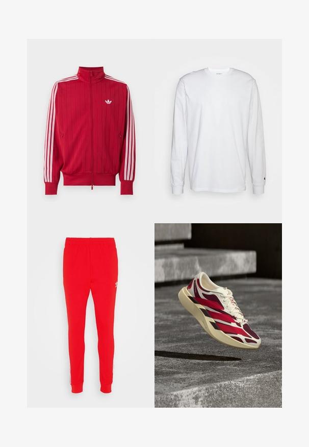Červená športová bunda na zips s bielymi tromi pruhmi Adidas na rukávoch a malým bielym logom trefoil na ľavej strane hrude.; Biela dlhá bavlnená tričko s dlhým rukávom. Dizajn s okrúhlym výstrihom a rebrovanými manžetami, malá nášivka na ľavom rukáve. Hladká textura.; Červené športové nohavice vyrobené z mäkkej textílie, so štíhlym strihom, elastickým pásom a bielymi bočnými pruhmi s detailom loga pri boku.; Bielo-červená športová teniska s hrubou podrážkou vznášajúca sa nad textúrovanými sivými betónovými schodmi.