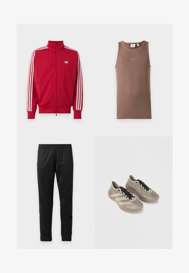 Červená športová bunda na zips s bielymi tromi pruhmi Adidas na rukávoch a malým bielym logom trefoil na ľavej strane hrude.; Hnedý bezrukávový tielko s rebrovanou textúrou a okrúhlym výstrihom. Obsahuje malé vyšívané logo umiestnené na hrudi.; Čierne športové nohavice vyrobené z hladkej tkaniny, vybavené elastickým pásom, zúženými nohavicami a rebrovanými manžetami na členkoch.; Pár béžových športových topánok s čiernymi šnúrkami, s textúrovaným pruhovaným vzorom a tromi bočnými pruhmi na jednoliatom pozadí.