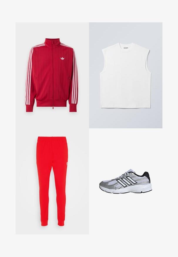 Punainen vetoketjullinen vetotakki, jossa valkoiset Adidasin kolme raitaa hihoissa ja pieni valkoinen kolmen lehden logo vasemmassa rinnassa.; Valkoinen, hiaton puuvillapaita pyöreällä pääntiellä ja muotoilluilla harteilla, jossa kauluksella "WEEKDAY"-merkintä, esillä vaaleanharmaalla taustalla.; Punaiset urheiluhousut, jotka on valmistettu pehmeästä kankaasta. Housuissa on slim fit -leikkaus, joustava vyötärö ja valkoiset sivusuunnat, joissa on logotieto lantiolla.; Verkkokudottu urheilukenkä valkoisena ja hopeisena, mustilla yksityiskohdilla, kolme valkoista raitaa logossa, pehmustettu kaulus ja teksturoitu kumipohja.