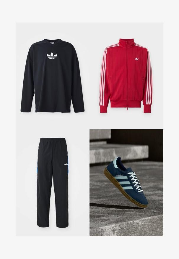 Punane lukuga trackijope, millel on valged Adidas kolmiktriibud varruka külgedel ja väike valge kolmeleheline logo vasakul rinnal.; Mustkarereva pikkade varrukatega särk, mis on valmistatud riidest, millel on võrkmaterjal. Särgil on V-kaelus ja valge Adidas'i trifoliumi logo rinna kohal. Hemmist ulatuvad külgmised lõhikud.; Mustad must ikksad mustad treeningpüksid, millel on elastne vöökoht, külgedel sinised ja valged graafilised detailid ning tikitud logo.; Sinine Adidas Spezial tennisk, valgete triipude ja paeltega, kummist tallaga, hõljub kareda betoonpinna ja sammude kohal taustal.