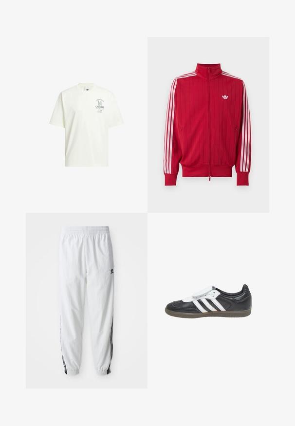 Červená športová bunda na zips s bielymi tromi pruhmi Adidas na rukávoch a malým bielym logom trefoil na ľavej strane hrude.; Biela bavlnená tričko s okrúhlym výstrihom, krátkymi rukávmi a grafickou potlačou s nápismi "Adidas" a "Los Angeles" v zelenej farbe.; Biele športové nohavice s čiernymi bočnými pruhmi, elastickým pásom a manžetami; na ľavom stehne je logo Adidas. Hladká textúra látky.; adidas Originals SAMBA LT - Tenisky - core black footwear white gum