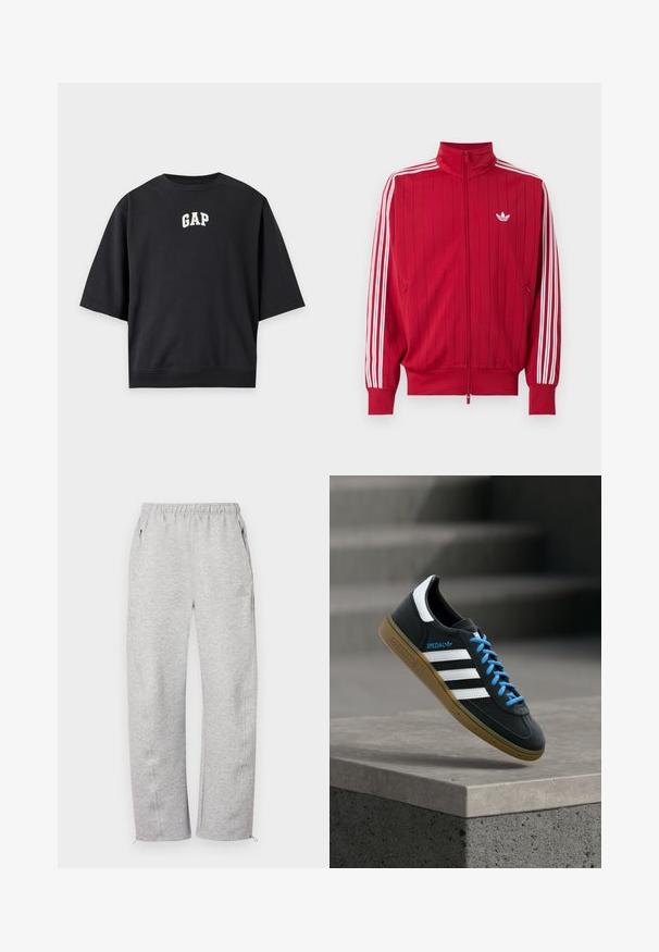 Veste de survêtement rouge zippée avec les trois bandes blanches Adidas sur les manches et petit logo trèfle blanc sur la poitrine gauche.; T-shirt noir oversize à manches courtes avec le logo blanc "GAP" imprimé au centre devant sur un fond uni.; Pantalon de survêtement gris avec une ceinture élastique, des poches latérales et des ourlets zippés, fabriqué en textile doux avec une texture lisse. Détail de logo subtil.; Baskets Adidas noires avec des rayures blanches, des lacets bleus et une semelle en gomme flottant au-dessus d'une marche en béton grise sous une lumière douce.
