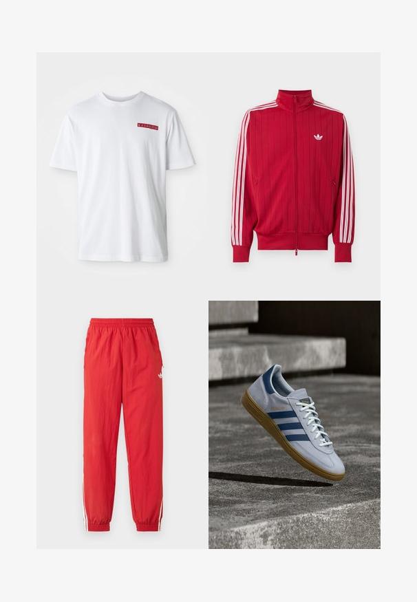 Rode trainingsjas met ritssluiting met witte Adidas drie strepen langs de mouwen en klein wit trefoil-logo op de linkerborst.; Witte katoenen t-shirt met een ronde hals, korte mouwen en een klein rood grafisch detail op de linkerborst.; Rode sportieve broek van lichtgewicht materiaal, met een elastische tailleband, witte zijstrepen en een klein logo op het bovenbeen.; Lichtblauwe Adidas Spezial sneaker met marineblauwe strepen en rubberen zool, getoond in de lucht boven betonnen trappen in een neutrale buitenomgeving.