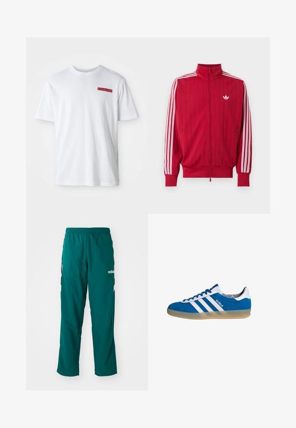 Chaqueta deportiva roja con cremallera, con las tres rayas blancas de Adidas en las mangas y pequeño logo blanco de trébol en el pecho izquierdo.; Camiseta de algodón blanca con cuello redondo, mangas cortas y un pequeño detalle gráfico rojo en el área del pecho izquierdo.; Pantalones deportivos verdes hechos de tela ligera, con una cinturilla elástica, bolsillos laterales y el logo blanco de Adidas en el lado izquierdo.; Zapatilla Adidas Gazelle azul y blanca con suela de goma y tres franjas blancas, vista desde un lado sobre un fondo blanco.