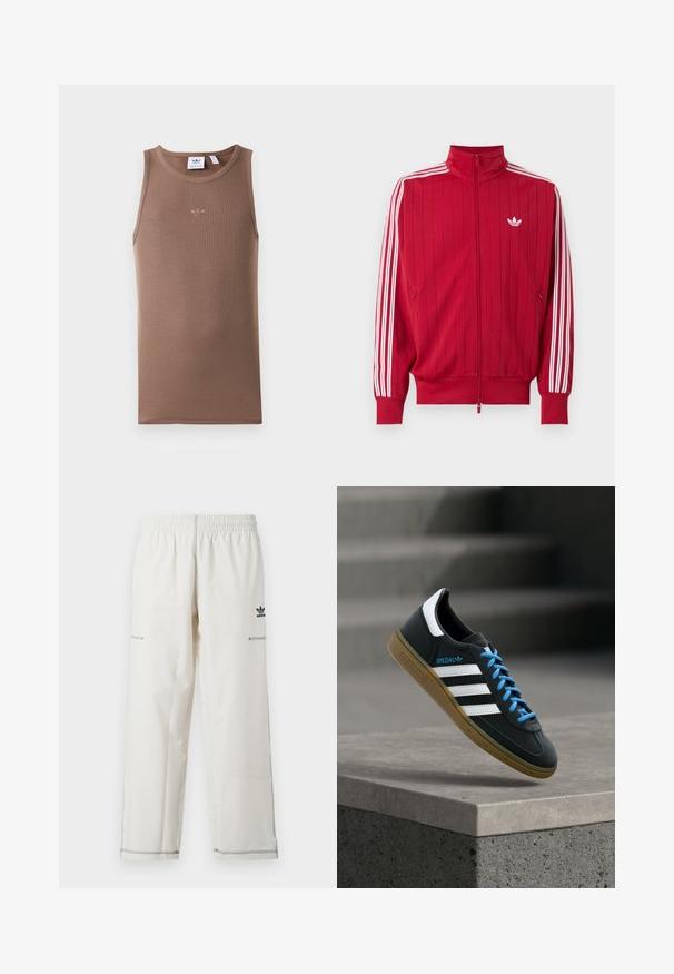 Punane lukuga trackijope, millel on valged Adidas kolmiktriibud varruka külgedel ja väike valge kolmeleheline logo vasakul rinnal.; Pruun ilma varrukateta T-särk, millel on ribakujuline tekstuur ja ümmargune kaelus. Keskosal rinna peal on väike broderitud logo.; Valged spordipüksid elastse vöökohaga, küljetaskutega ning musta adidas logo ja õmbluse detailidega. Siidine, kerge kangas.; Must Adidas toss valgete triibu, siniste paelte ja kummist tallaga, hõljuv pehme valgusega halli betoonastme kohal.