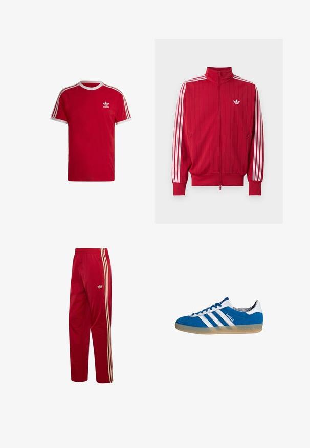 Rode trainingsjas met ritssluiting met witte Adidas drie strepen langs de mouwen en klein wit trefoil-logo op de linkerborst.; Rode katoen t-shirt met witte geribde ronde hals, voorzien van drie witte strepen op de mouwen en een klein wit logo op de borst.; Rode Adidas trainingsbroek met beige drievoudige strepen langs de zijkanten en een zak met rits op de rechterheup.; Blauw-witte Adidas Gazelle sneaker met een gumzool en drie witte strepen, gezien vanaf de zijkant op een witte achtergrond.