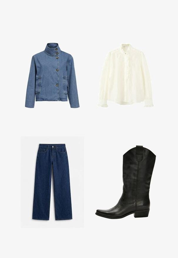 Jeansjacke in Hellblau mit hohem Kragen, sieben Knöpfen, zwei seitlichen Taschen und einem leicht verkürzten Design. Glatte Oberfläche.; Weiße Bluse mit langen Ärmeln, hohem Rüschenkragen, Knopfleiste vorne und gerüschten Manschetten, mit dezenten strukturierten Blumenmustern.; Dunkelblaue, hoch taillierte Jeans mit geradem Bein, vorderen Taschen, Gürtelschlaufen und silbernem Knopfverschluss vor weißem Hintergrund.; Schwarze Leder-Cowboystiefel mit spitzem Zehenbereich, dezenten Steppnähten und einem gestapelten Absatz. Sie besitzen einen hohen Schaft und eine Zuglasche.