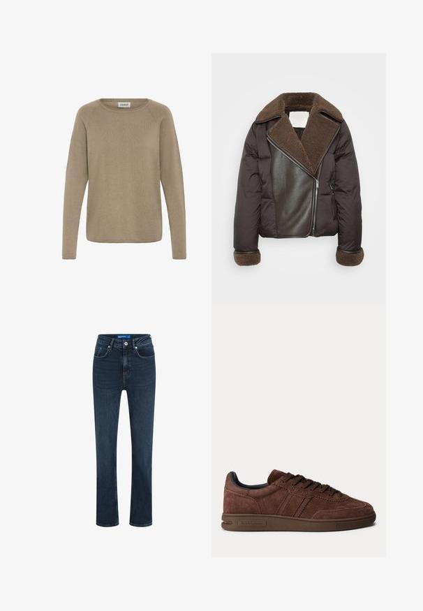 Veste bomber marron avec un col en shearling, dotée d'un panneau en cuir et d'une fermeture éclair, ainsi que de poignets doublés en fourrure pour plus de chaleur.; Pull léger beige à manches longues en tissu doux, avec un col rond et une texture côtelée. Design simple, sans embellissements.; Jean en denim foncé avec un design à jambe droite, style à cinq poches, fermeture à bouton et couture contrastante. Matériau en coton avec une légère texture.; Baskets basses en daim marron avec lacets à l’avant et semelle en caoutchouc texturée, ornées de la marque "Ralph Lauren" sur le côté.