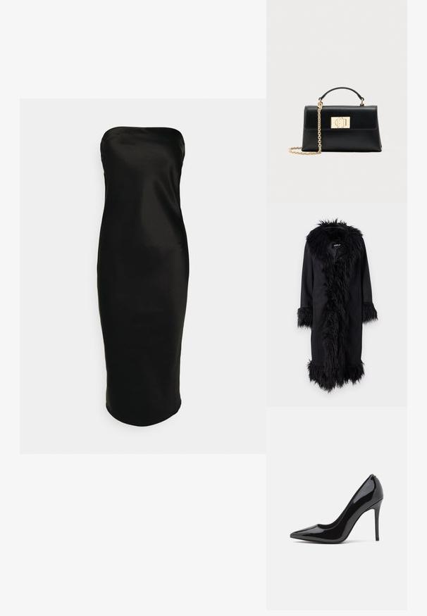 ONLY ONLVIENNA SUEDE COAT - Abrigo clásico - black; Gina Tricot TUBE MIDI DRESS - Vestido de cóctel - black; Zapato de tacón alto de charol negro con punta afilada y textura suave, con un delgado tacón de aguja. Sin adornos visibles.; Bolso de mano de cuero negro con una forma estructurada, que cuenta con un asa superior y una correa de cadena en tono dorado. Herrajes decorativos dorados con detalle de logo.