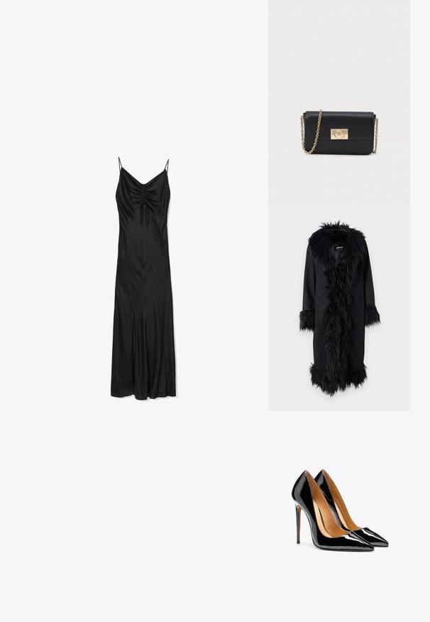 ONLY ONLVIENNA SUEDE COAT - Manteau classique - black; Robe en satin noir avec bretelles spaghetti réglables, détails froncés au niveau de la poitrine et une fente sur le côté. Texture lisse, design à hauteur du genou.; Paire d'escarpins noirs en cuir verni brillant à bout pointu, talons aiguilles et doublure intérieure beige sur fond blanc.; Sac à bandoulière en cuir noir avec une chaîne dorée et un fermoir rectangulaire doré à l'avant, sur fond clair uni.