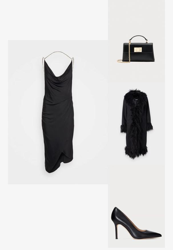 ONLY ONLVIENNA SUEDE COAT - Klassisk frakke - black; Et Ochs ILA CHAIN COWL NECK MIDI DRESS - Cocktailkjole / festkjole - black; Sorte læder højhælede pumper med spids tå og en slank stiletto hæl. Den glatte tekstur og de minimale detaljer skaber et klassisk design.; Sort læderhåndtaske med struktureret form, udstyret med en øverste hank og en guldtonet kæderem. Dekorative guldhardware med logodetalje.