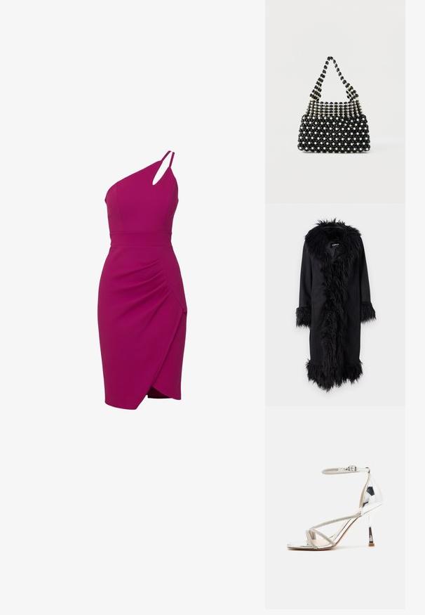 ONLY ONLVIENNA SUEDE COAT - Klassisk frakke - black; Fuchsia et skulder tætsiddende kjole med taljesømme, rynket sidedetalje og asymmetrisk kant.; Sølv højhælede sandal med en snøredesign, glitrende materiale, rhinsten accenter og en slank ankelrem. Firkantet tå og poleret hæl.; Sort-hvid perlebesat håndtaske med kort håndtag, der har skiftevis perleagtige og sorte facetterede perler i et ternet mønster.