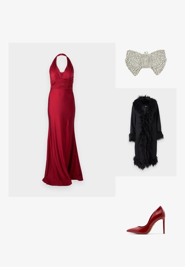ONLY ONLVIENNA SUEDE COAT - Manteau classique - black; Robe de soirée rouge en tissu satin, avec un col halter, une taille froncée et une fente sur le côté pour plus de mouvement. Silhouette lisse et ajustée.; Escarpin en cuir verni rouge à talon aiguille, avec un bout pointu, une surface lisse et un talon élancé, doté d'une semelle beige.; Pochette en forme de nœud en ton argent, ornée de strass transparents et d'un fermoir en cristal sur le dessus.
