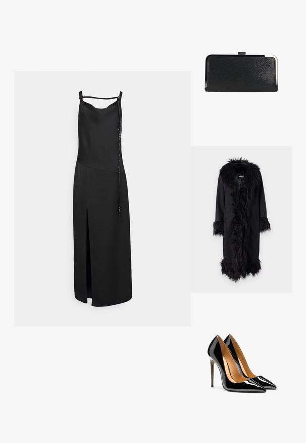 ONLY ONLVIENNA SUEDE COAT - Klassischer Mantel - black; Schwarzes ärmelloses Kleid mit einem Schlitz auf der Vorderseite, das eine glatte Oberfläche und ein dekoratives Bindedetail auf einer Seite aufweist. Einfaches, minimalistisches Design.; Paar glänzende schwarze High Heels aus Lackleder mit spitz zulaufender Vorderpartie, Stilettoabsätzen und hellbraunem Innenfutter vor weißem Hintergrund.; Schwarze, strukturierte rechteckige Clutch-Tasche mit silbernem Metallrahmen und Schnappverschluss auf weißem Hintergrund.