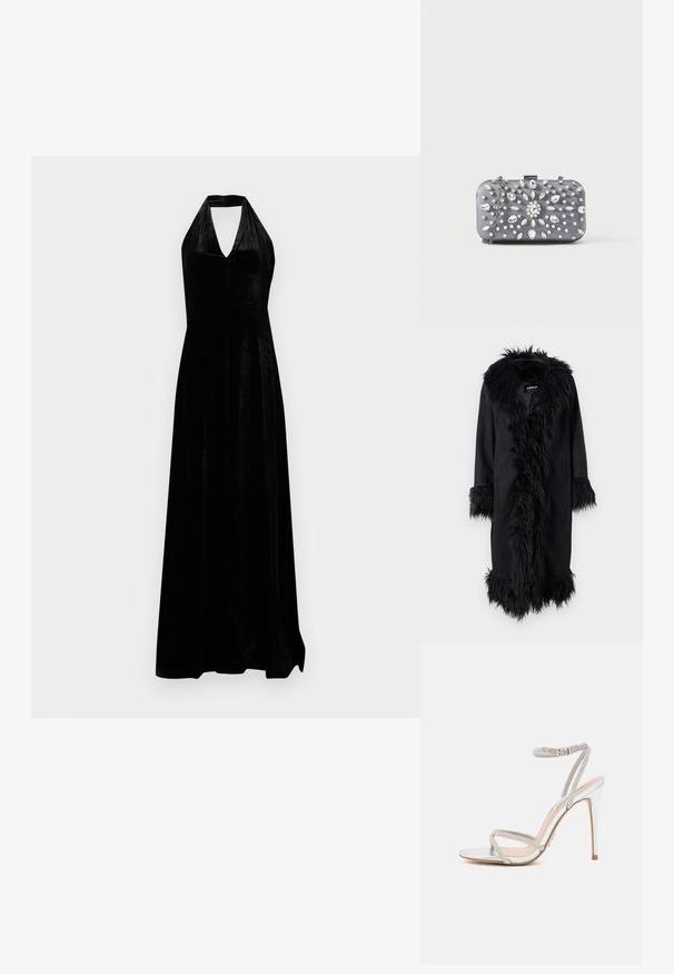 ONLY ONLVIENNA SUEDE COAT - Mantel - black; Zwarte fluwelen avondjurk met halterhals en diepe V-halslijn, met een vloerlange rok op een effen witte achtergrond.; Zilveren hoge hakken sandaal met dunne bandjes, versierd met strass steentjes, met een slank ontwerp en een spitse neus.; Kleine rechthoekige donkergrijze clutch versierd met heldere strass-steentjes in een uitstralend patroon en een zilveren kettingband.