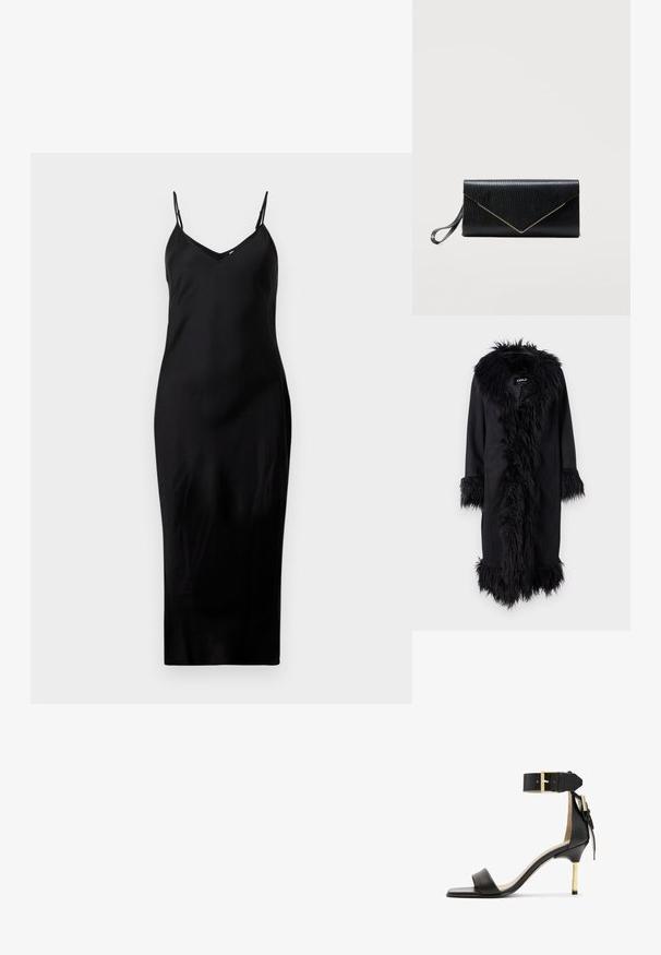 ONLY ONLVIENNA SUEDE COAT - Klassinen takki - black; Mustat hihattomat midi-mekot ohuilla spagettiolkaimilla ja V-pääntiellä, esillä yksinkertaisella valkoisella taustalla.; Musta nahkainen korkokenkä, jossa on neliönmuotoinen kärki, nilkkahihna, jossa on kultainen solki, ja hoikka metallinen korko. Sileä pinta, minimalistinen muotoilu.; Musta nahkainen kirjekuorilaukku liskon nahkaa muistuttavalla tekstuurilla, kolmiomaisella kultaisella reunuksella läpän kohdalla ja rannekahvalla vasemmalla puolella, valkoista taustaa vasten.