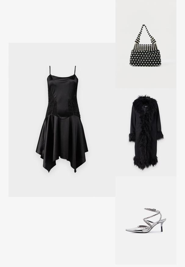 ONLY ONLVIENNA SUEDE COAT - Klassikaline mantel - black; Must mustriga mustriga, millel on satiinviimistlus, spagetti õlapaelad, ülikitsas bodi ja flared asümmeetriline seelik, mille külgedel on pitsaktsente.; Hõbedane terava ninaga kõrge kontsaga king, millel on pahkluu rihm ja dekoratiivsed hõbedased palli tüüpi naelad rihmadel ja ääristel, valge taustaga.; Mustvalge helmestega käekott lühikese käepidemega, mis on tehtud vahelduvatest pärlilaadsetest ja mustadest tahulistest helmestest ruudulisemas mustris.