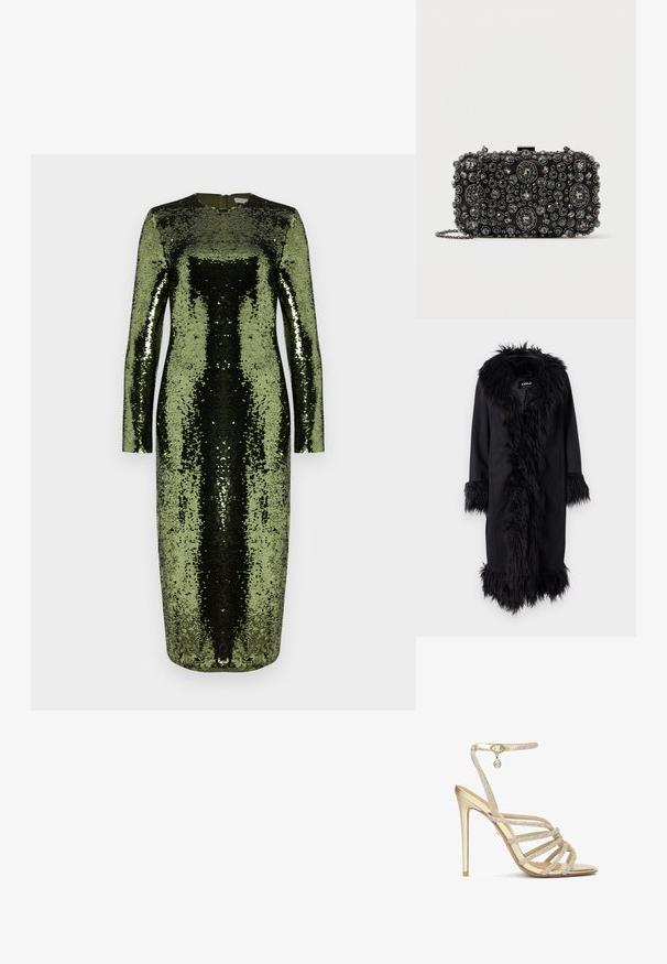 ONLY ONLVIENNA SUEDE COAT - Klassisk frakke - black; Langærmet, gulvlang kjole dækket af grønne og sorte paljetter. Har en rund halsudskæring og en lynlås bagpå.; Guld højhælede sandaler med flere krystalbesatte stropper og en ankelrem, med en glat metallisk finish og en spids tå.; Sort clutch-taske prydet med varierede størrelser af runde og ovale rhinesten, med en sølvfarvet kædetraspe og en låsemekanisme.