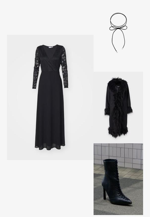 ONLY ONLVIENNA SUEDE COAT - Klasický kabát - black; Čierne šaty s dlhým rukávom a H-výstrihom, čipkovanou korpusom a splývavou sukňou. Obsahujú štruktúrované dlhé rukávy a priliehavý pás.; Čierna kožená členková čižma na vysokom podpätku s prednými šnúrkami, špicatou špičkou, stojaca na asfalte pri dlaždicovej stene.; Čierny šnúrkový náhrdelník s motívom mašle. Vyrobený z hladkého materiálu, má dva konce s striebornými hrotmi. Jednoduchý a minimalistický dizajn.