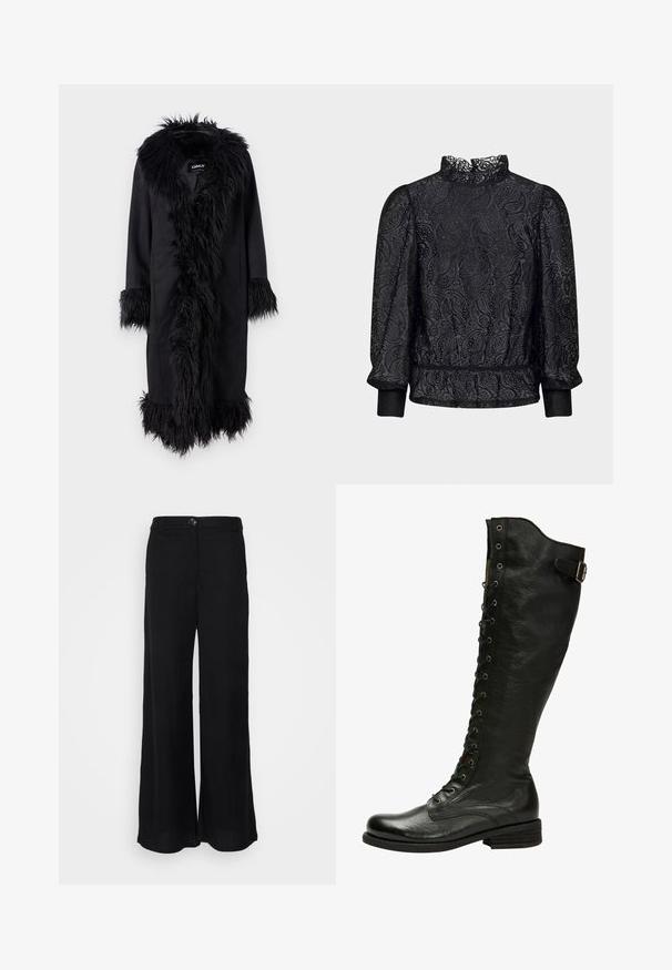 ONLY ONLVIENNA SUEDE COAT - Abrigo clásico - black; Minimum Blusa - black; Pantalones de pierna ancha negros hechos de una tela ligera, con una textura suave, cierre de botón en la parte delantera y bolsillos laterales.; Bota de cuero negro hasta la rodilla con cordones en el frente, ojales de plata y hebilla lateral. Presenta un acabado texturizado y tacón apilado.