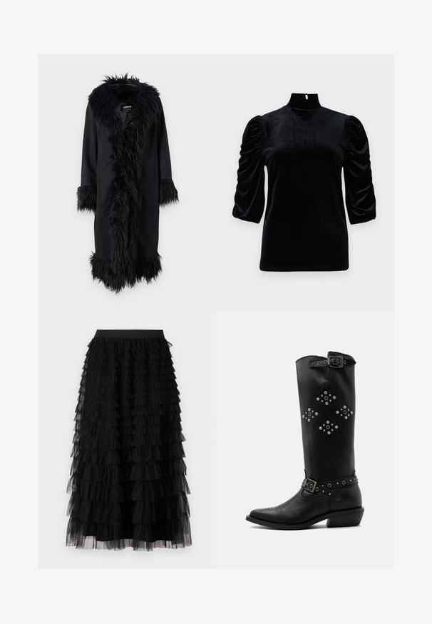 ONLY ONLVIENNA SUEDE COAT - Klassikaline mantel - black; Must musta kõrge kaelusega, lühikeste puffvarrukatega ja seljaosa võtmeaugu detailiga. Sile tekstuur ja kehakujuline lõige.; Vero Moda VMNAJA Mid waist Long - Maksiseelik - black; Mustad nahast keskvasikani saapad hõbedaste naeltega teemantmustrites, pandlapaelad lähedal ülaosas ja pahkluus, madala kaldenurgaga kontsaga.