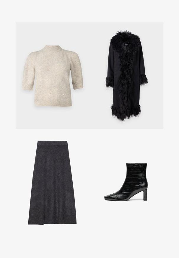 ONLY ONLVIENNA SUEDE COAT - Klassikaline mantel - black; Lühikeste varrukatega, kõrge kaelusega kampsun pehmest, heledast beežist kudumist, mille esiosas on väikesed pärlakkentid ning soonikkoes varrukate ja alläärega.; Tumehall hall по́s овое́, до колен, вязаное юбка с гладкой текстурой и поясом. Силуэт А-образной формы с ровным подолом, разработанная для удобства и универсальности.; Mustad varbakott, millel on terav nina, läikiv krokodillitekstuur ja keskmise kõrgusega ruudukujuline konts. Sujuv ja stiilne disain.