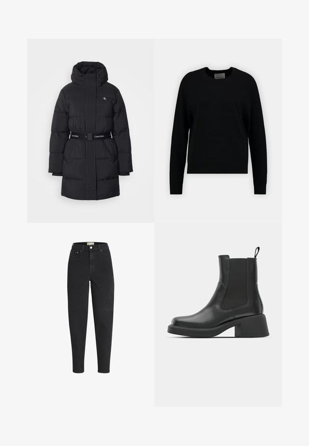 Sort pufferjakke med hætte, der har et bælte med Calvin Klein branding, quiltet tekstur og lige design med høj krave.; Sort strikket sweater med en rund halsudskæring, lange raglanærmer og ribbet kant. Glat tekstur, minimalistisk design, ingen synlige mønstre eller accenter.; Sorte højtaljede jeans med tapered ben, lukkes foran med knap og lynlås, for- og baglommer samt detaljer med metalnitter.; Sorte læder ankelstøvler med elastiske sidepaneler, afrundet tå og en kraftig blokhæl. Glat tekstur med et minimalistisk design.