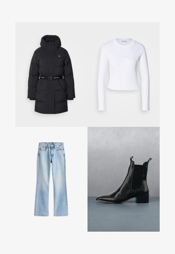 Zwarte pufferjas met een capuchon, voorzien van een riem met Calvin Klein-logo, klassieke gevoerde structuur en een rechte snit met een hoge kraag.; Witte lange mouwen crop top met een subtiele Calvin Klein-logo in het midden, afgebeeld tegen een lichtgrijze achtergrond.; Lichtblauwe spijkerbroek met een hoge taille, knoop- en ritssluiting, vijf zakken en licht uitlopende pijpen.; Zwarte leren Chelsea boot met een spitse neus, elastische zijpanelen en een chunky hak, rustend boven een oppervlak met een steen- en houtpatroon.