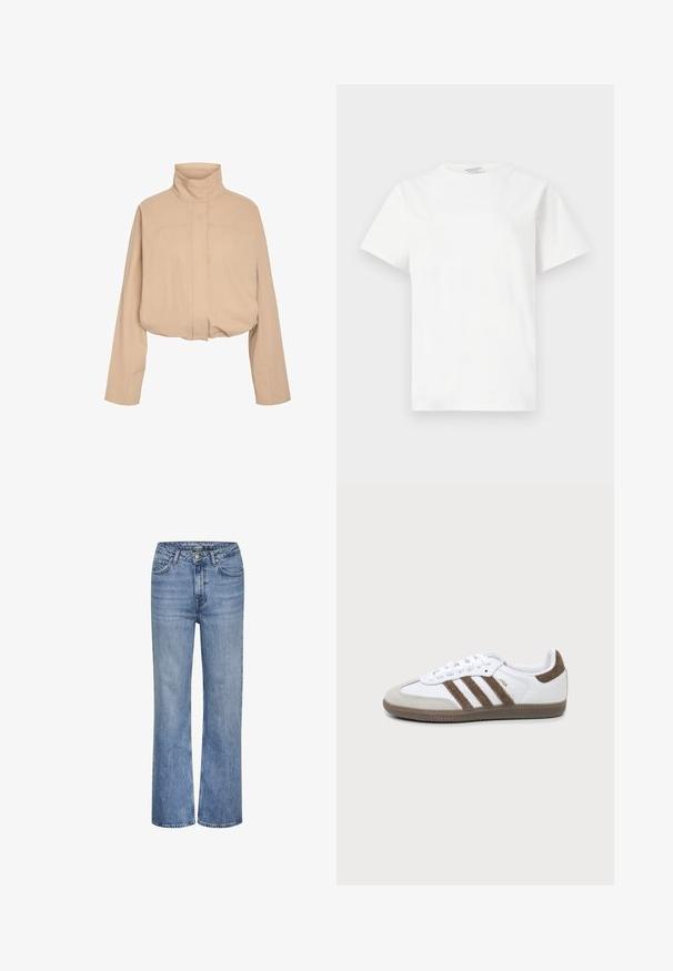 Veste courte beige avec col montant, manches longues et fermeture avant dissimulée, présentée sur un fond blanc.; T-shirt blanc à manches courtes et col rond avec un petit logo embossé subtil sur la poitrine, présenté sur un fond uni.; Jean en denim bleu taille haute avec jambes droites, fermeture à bouton et zip à l'avant, et design à cinq poches.; Basket Adidas Samba blanche et marron avec trois bandes marron, lacets et semelle texturée, vue de côté sur fond uni.