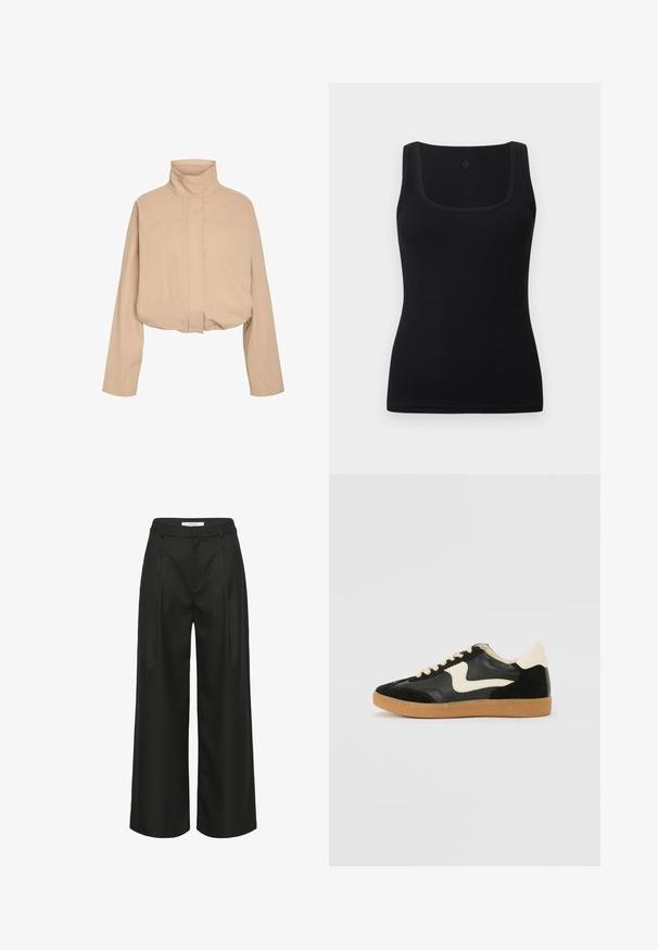 Veste courte beige avec col montant, manches longues et fermeture avant dissimulée, présentée sur un fond blanc.; Débardeur noir moulant en tissu lisse, doté d'un décolleté carré et de larges bretelles ; sans motifs ni accents visibles.; Pantalon noir à jambes larges avec une coupe ajustée, doté d'une taille haute, de plis à l'avant et d'une texture de tissu lisse. Convient pour une tenue formelle.; Baskets en daim et cuir noir avec un swoosh latéral crème et un talon crème clair. Dotées de lacets beige et d'une semelle en caoutchouc gomme.