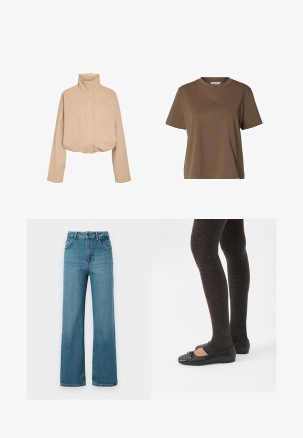 Veste courte beige avec col montant, manches longues et fermeture avant dissimulée, présentée sur un fond blanc.; T-shirt marron à manches courtes et col rond, en tissu uni, coupe décontractée avec peu de coutures.; Jean en denim bleu taille haute avec fermeture par boutons, poches avant et jambes larges et droites sur fond blanc.; Jambes portant des leggings côtelés foncés associés à des ballerines noires avec de petits détails en nœud sur fond blanc.