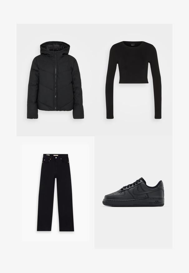 Sort polstret jakke med hætte, der har en frontlynlås, chevron-stikningsmønster og lange ærmer. Glat, letvægtsstof.; Gina Tricot LONGSLEEVE - Langærmet T-shirt - black; Sorte denim jeans med lige pasform, fem lommer, kobberdetaljer og en glat tekstur. To mærker synlige på taljebåndet.; Sorte lædersneakers med perforeret tåboks, flade snørebånd og gummisål. Har et lille logo på siden og tekstureret detaljering.