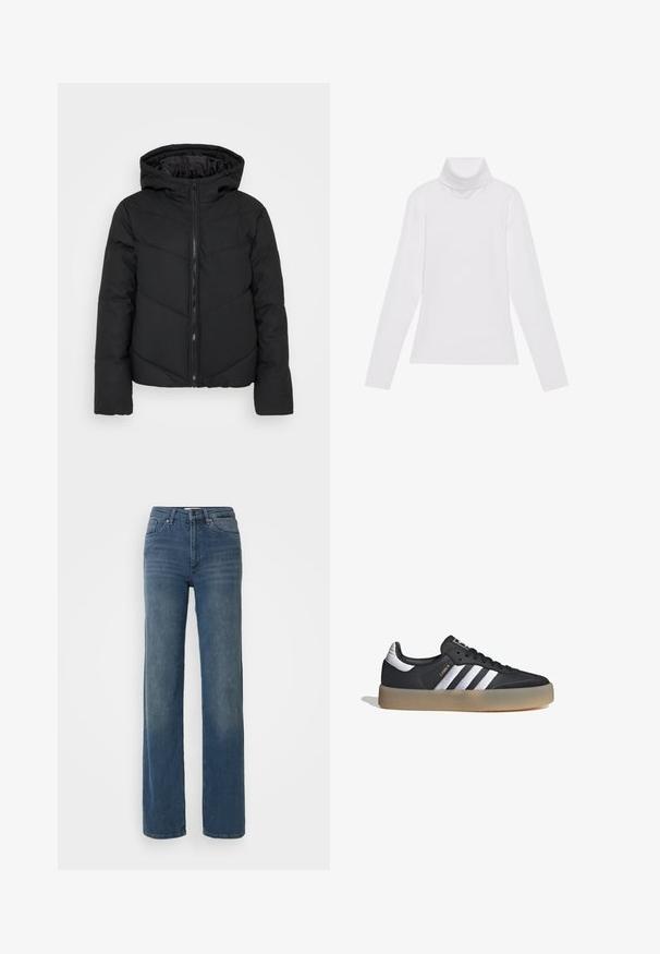 Chaqueta negra acolchada con capucha, con cremallera frontal, patrón de costura en forma de chevron y mangas largas. Tejido suave y ligero.; Top blanco de manga larga y cuello alto, confeccionado en una tela suave y elástica. Presenta un diseño ajustado, sin patrones o adornos visibles.; Jeans rectos de cintura alta en azul, con bolsillos frontales, pasadores para cinturón, cierre de botón y cremallera. Detalles ligeramente deslavados en los muslos.; Zapatilla deportiva de cuero negro con tres rayas plateadas, punta texturizada y suela de goma. Cuenta con un collar acolchado y un diseño con cordones.