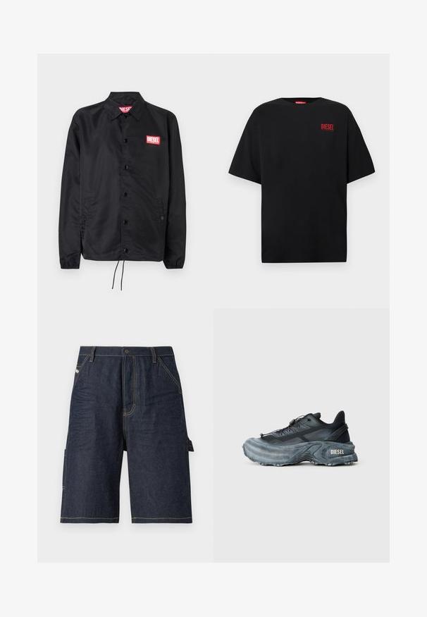 Schwarze Jacke aus glattem, leichtem Material mit Knopfriegel, elastischen Bündchen, seitlichen Taschen und einem roten Diesel-Logo-Patch.; Schwarzes T-Shirt aus Baumwolle, mit kurzen Ärmeln, rundem Ausschnitt und einem roten "DIESEL"-Logo auf der linken Brustseite.; Dunkelblaue Denim-Shorts mit geradem Schnitt, fünf Taschen, gelben Nähdetails und einer seitlichen Tasche für zusätzliche Funktionalität.; Schwarz- und graue Diesel-Sneaker mit dicker Sohle, Schnürverschluss und strukturiertem Design auf einem schlichten hellgrauen Hintergrund.
