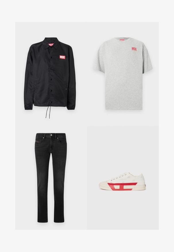 Schwarze Jacke aus glattem, leichtem Material mit Knopfriegel, elastischen Bündchen, seitlichen Taschen und einem roten Diesel-Logo-Patch.; Graues Baumwoll-T-Shirt mit rundem Ausschnitt und kurzen Ärmeln. Mit einem kleinen roten "DIESEL"-Logo auf der Brust. Glatte Textur.; Schwarze Denim-Jeans mit geradem Bein, ausgestattet mit Vorder- und Gesäßtaschen, subtilen Ausbleichungen und einem Metallknopfverschluss.; Leinensneaker mit weißem Obermaterial, roten Gummidetails und einem strukturierten Design. Verfügt über eine runde Zehenpartie und fünf Ösen für die Schnürsenkel.