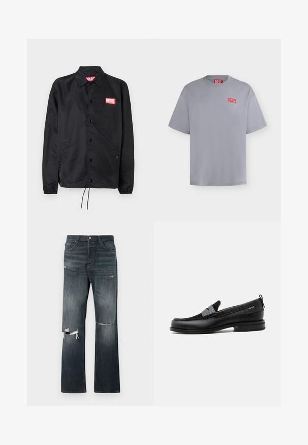 Schwarze Jacke aus glattem, leichtem Material mit Knopfriegel, elastischen Bündchen, seitlichen Taschen und einem roten Diesel-Logo-Patch.; Hellgraues Diesel-T-Shirt mit kurzen Ärmeln, kleinem rotem Diesel-Logo auf der linken Brust und rotem Etikett innen am Kragen.; Dunkel gewaschene Denim-Jeans mit lockerer Passform, die zwei aufgerissene Kniebereiche, einen standardmäßigen Knopfverschluss und ein Fünf-Taschen-Design aufweisen.; Schwarzer Lederloafer mit grauem Riemendetail, niedrigem Absatz und strukturierter Sohle, seitlich mit „HUGO“ in Gold gebrandmarkt.