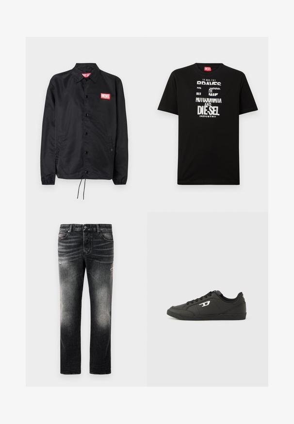 Chaqueta negra hecha de un material suave y ligero, con cierre de botones en el frente, puños elásticos, bolsillos laterales y un parche con el logo rojo de Diesel.; Camiseta negra de algodón con gráficos de texto blanco llamativos, que incluyen "DIESEL" e "INDUSTRY", con cuello redondo y mangas cortas.; Jeans negros con acabado desgastado y toques rasgados, diseño estándar de cinco bolsillos y cierre con cremallera. Elaborados en tela de denim.; Zapatillas deportivas negras sintéticas con suela negra texturizada, puntera redonda y cordones planos negros. Destaca un logo blanco en el lateral exterior.