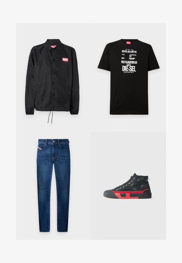 Zwarte jack van soepel, lichtgewicht materiaal, met een knoopsluiting, elastische manchetten, zijzakken en een rood Diesel logo patch.; Zwart katoenen T-shirt met opvallende witte tekstgrafieken, waaronder "DIESEL" en "INDUSTRY", met een ronde hals en korte mouwen.; Donkerblauwe spijkerbroeken met rechte pijpen, vijf zakken, zichtbare stikseldetails en een metalen knoopsluiting.; Zwarte hoge sneakers met rode accenten en een versleten afwerking. Heeft een gestructureerde canvas bovenkant en een rubberen zool met uitsnijdingen.