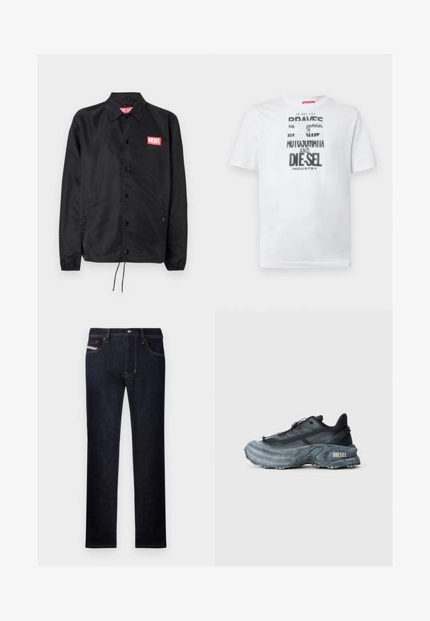 Zwarte jack van soepel, lichtgewicht materiaal, met een knoopsluiting, elastische manchetten, zijzakken en een rood Diesel logo patch.; Wit katoenen T-shirt met gedurfde zwarte typografie met de woorden "BRAVES" en "DIE-SEL INDUSTRY" en een semi-transparant uitgesneden ontwerp.; Donkerblauwe spijkerbroeken met een rechte pijp, met vijf zakken, een knoopsluiting en contrasterende stiksels.; Zwarte en grijze Diesel sneakers met dikke zool, vetersluiting en gestructureerd ontwerp op een effen lichtgrijze achtergrond.