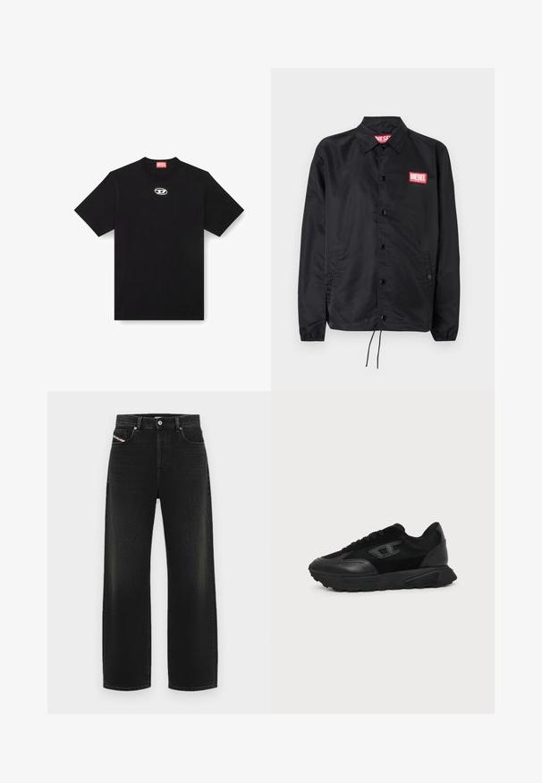 Veste noire en matériau lisse et léger, avec un devant à boutons, des poignets élastiques, des poches latérales et un patch logo rouge Diesel.; T-shirt en coton noir avec un col rond et des manches courtes. Présente un petit logo en argent brodé au centre avant.; Jean noir à jambe large en denim, avec une taille haute, des poches avant et une texture légèrement délavée, doté d'une fermeture à bouton classique.; Baskets basses noires avec semelle texturée, dessus en mesh et cuir, fermeture à lacets devant, et petit logo embossé sur le panneau latéral.
