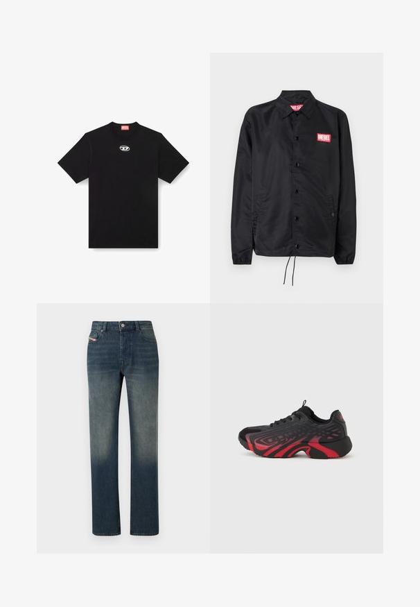 Chaqueta negra hecha de un material suave y ligero, con cierre de botones en el frente, puños elásticos, bolsillos laterales y un parche con el logo rojo de Diesel.; Camiseta de algodón negra con cuello redondo y mangas cortas. Presenta un pequeño logotipo plateado bordado en el centro del frente.; Vaqueros de mezclilla azul de pierna recta con lavado desvanecido, cierre frontal con botón y cremallera, y diseño de cinco bolsillos.; Zapatilla deportiva negra y roja con parte superior texturizada con detalles en patrón, cierre de cordones y suela gruesa de goma.