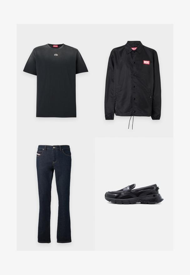 Chaqueta negra hecha de un material suave y ligero, con cierre de botones en el frente, puños elásticos, bolsillos laterales y un parche con el logo rojo de Diesel.; Camiseta de algodón negra con cuello redondo, corte holgado, mangas cortas y un pequeño logo plateado en el pecho. Textura suave, diseño minimalista.; Jeans de mezclilla azul marino con corte recto, con costuras naranjas, cierre de botón metálico y un pequeño logo en el bolsillo trasero.; Zapatilla negra sin cordones con suela gruesa y texturizada y paneles de malla, diseñada para uso casual y deportivo.