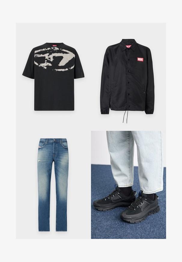 Chaqueta negra hecha de un material suave y ligero, con cierre de botones en el frente, puños elásticos, bolsillos laterales y un parche con el logo rojo de Diesel.; Camiseta negra con un gran gráfico abstracto en gris claro en la parte frontal. Mangas cortas y un cuello redondeado clásico. Material de algodón.; Jeans de denim azul con un diseño de pierna recta, que presentan un ligero desvanecimiento, un pequeño detalle desgastado en la parte frontal y un estilo estándar de cinco bolsillos.; Zapatillas deportivas negras con tejido texturizado y suelas de goma, con cordones elásticos y un acento azul en el talón. Combinadas con pantalones de mezclilla claros.