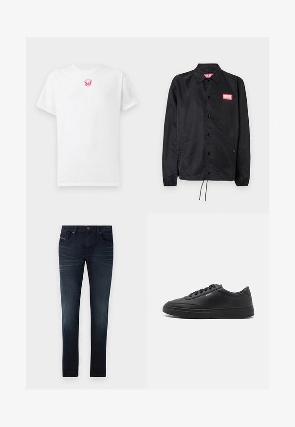 Sort jakke lavet af glat, let materiale, med knaplukning fortil, elastiske manchetter, sidelommer og et rødt Diesel-logo patch.; Hvid bomulds t-shirt med korte ærmer, rund hals og et lille pink broderet ørne-tryk på brystet. Blød tekstur.; Mørkeblå denim jeans med slim fit, der har fem lommer, subtil falmning og en metalknaplukning i taljen.; Sorte lædersneakers med en glat overflade, rund tå, flad gummisål og tonede snørebånd. Udstyret med guld "BOSS" branding på siden.