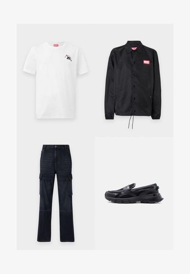 Sort jakke lavet af glat, let materiale, med knaplukning fortil, elastiske manchetter, sidelommer og et rødt Diesel-logo patch.; Hvid bomulds-T-shirt med en lille sort og rød grafik på venstre bryst og et rødt logomærke ved halsudskæringen. Korte ærmer, rund hals.; Mørke denim cargo bukser med en afslappet pasform, der har to sidelommer, knæpaneler og kontrastsyning. Metallic knaplukning i taljen.; Sort slip-on sneaker med tyk tekstureret sål og meshpaneler, designet til afslappet og atletisk brug.
