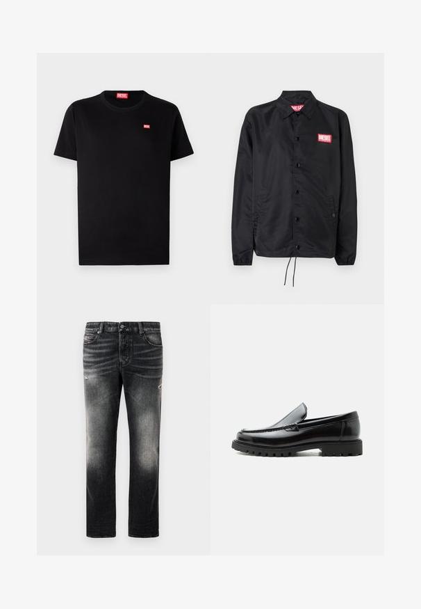 Schwarze Jacke aus glattem, leichtem Material mit Knopfriegel, elastischen Bündchen, seitlichen Taschen und einem roten Diesel-Logo-Patch.; Schwarzes Baumwoll-T-Shirt mit rundem Halsausschnitt und kurzen Ärmeln. Verfügt über ein kleines rotes Diesel-Logo auf der Brust. Einfaches, klassisches Design.; Schwarze Jeans mit einem verblassten Finish und verwaschenen Akzenten, klassisches Fünf-Taschen-Design und Reißverschluss. Hergestellt aus Denim-Stoff.; Schwarzer Lederloafer mit grober Gummisohle, genähter Oberseite und geprägtem Markennamen an der Ferse, seitlich auf weißem Hintergrund gezeigt.